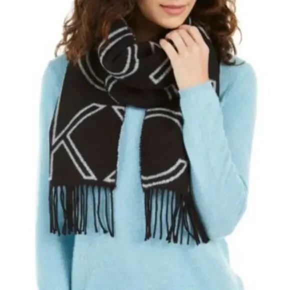 Calvin Klein gray & black CK logo reversable long scarf with fringe detail - Picture 8 of 8